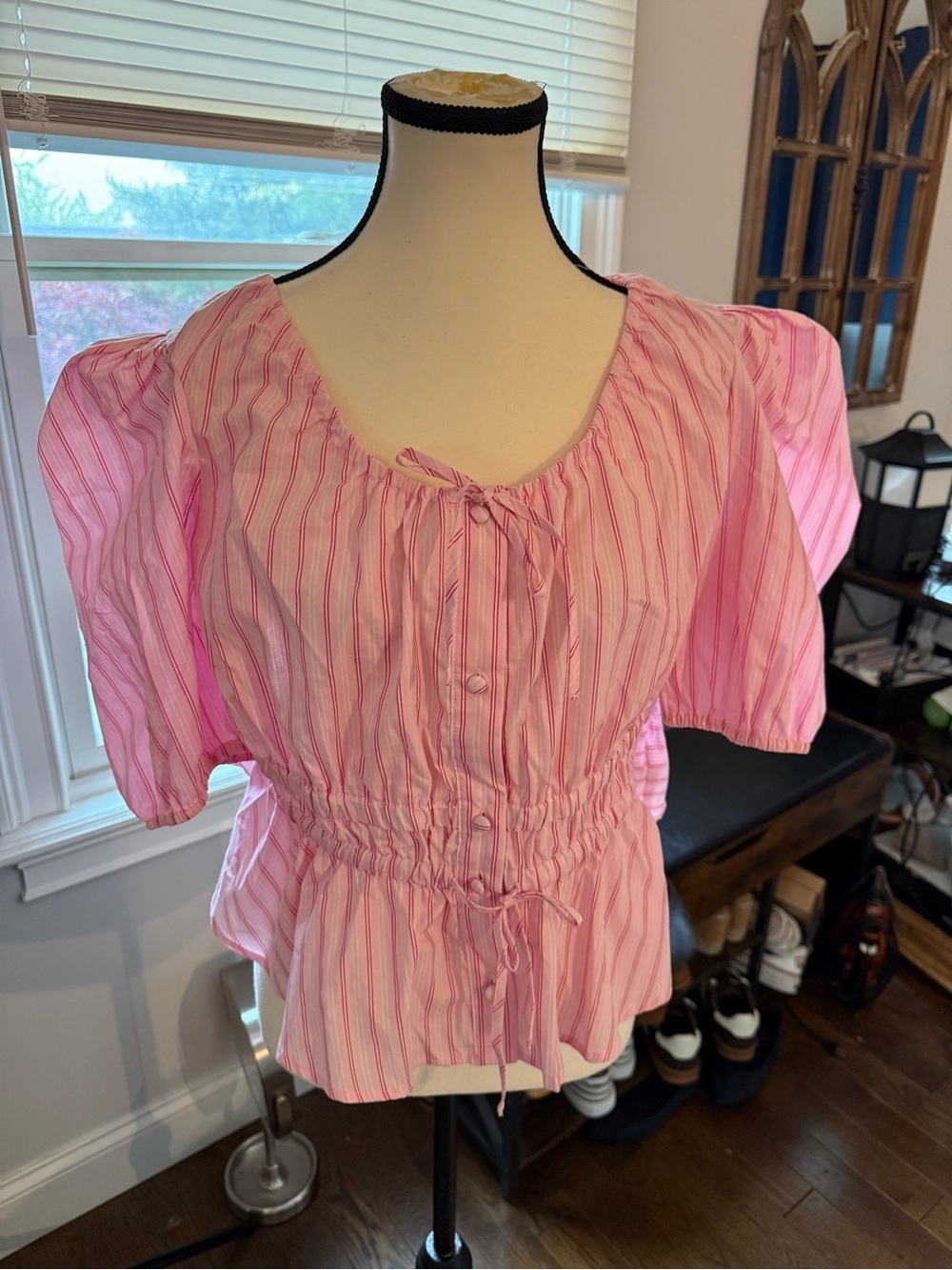 Joie Pink Striped Peasant Top with Drawstring Waist Size Xl